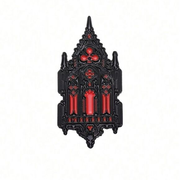 Gothic Renaissance Church Pin, Black and Red, engraved detailing - Picture 1 of 2